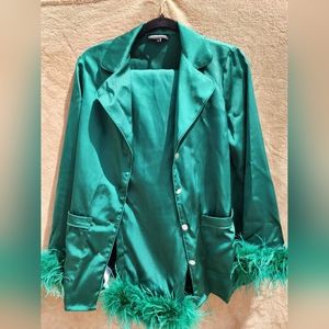 Nadine Merabi emerald green set with feathers Small